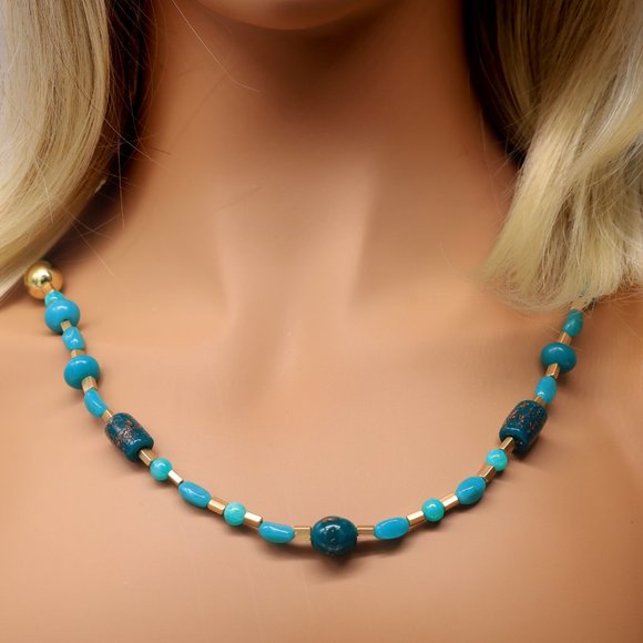 My Bead Emporium Jewelry - Necklace Hand Blown Green Glass Beads Green Turquoise Gold Metal Beads